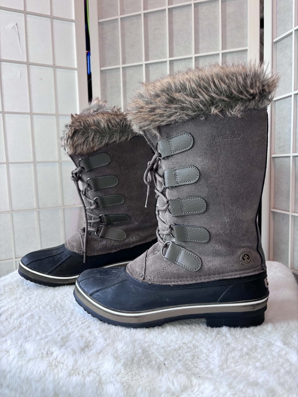 Northside Gray Waterproof Fur-Trim Lace-Up Winter Boots